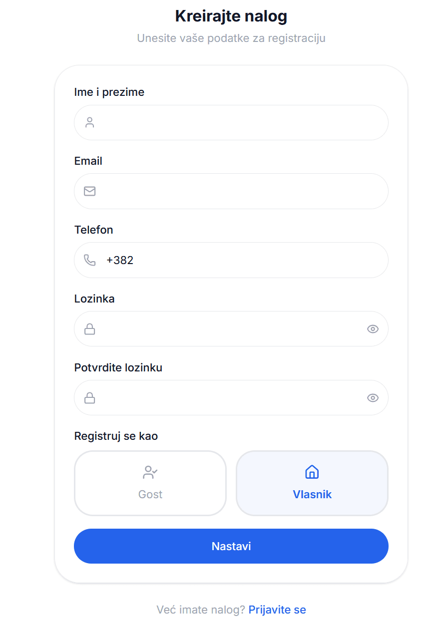 Forma za registraciju sa odabranim tipom Vlasnik