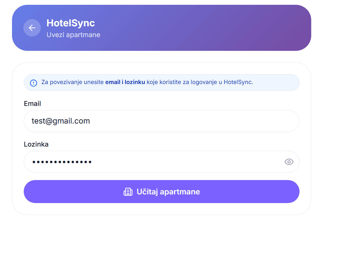 HotelSync forma sa poljima email i lozinka